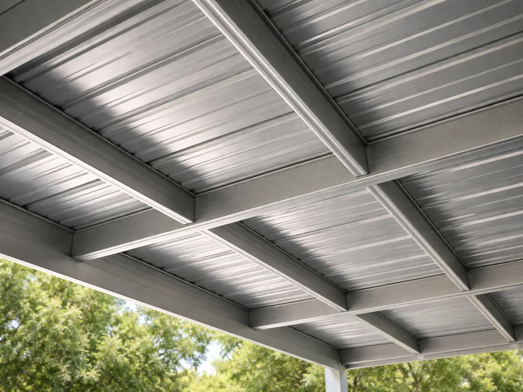 Underside of an aluminum patio roof showing exposed framing and aluminum panels