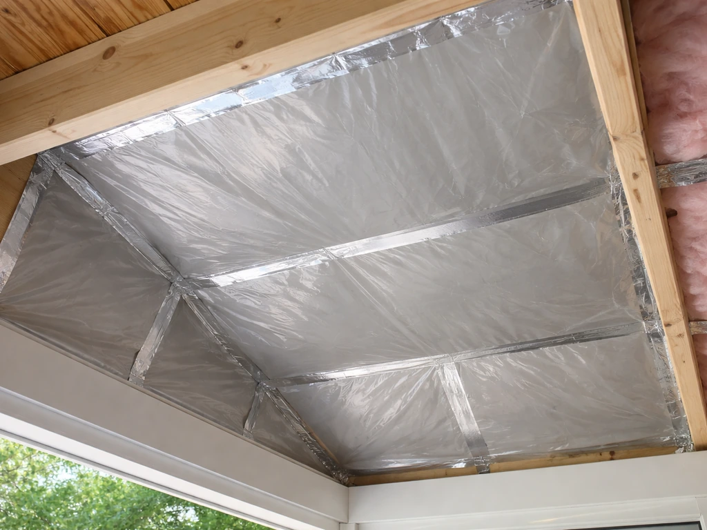 View from below of taped vapor barrier film laid across a patio roof frame before insulation.