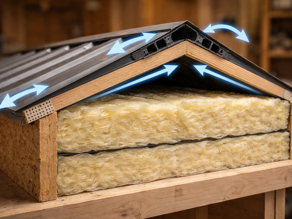 Minimal roof assembly mockup showing an air channel between insulation and a metal roof deck.