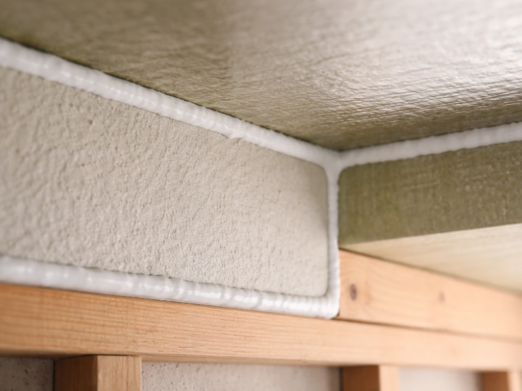 Close-up of a continuous caulk/foam sealant bead where insulated ceiling meets house wall and beam
