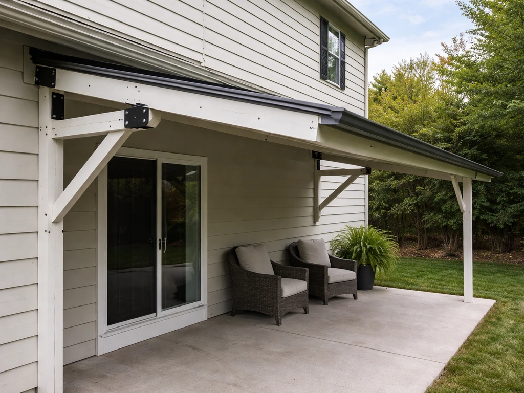 Finished DIY lean-to patio canopy with pitched roof attached to a house, showing waterproof rain runoff.
