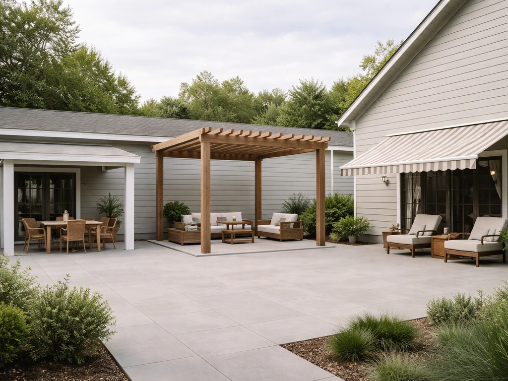Minimal patio with three different canopy setups: attached lean-to, freestanding pergola, and a retractable awning