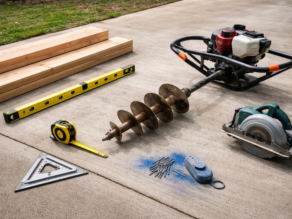 On-site driveway tools for a DIY lean-to canopy: tape measure, level, speed square, chalk line, saw, power auger.