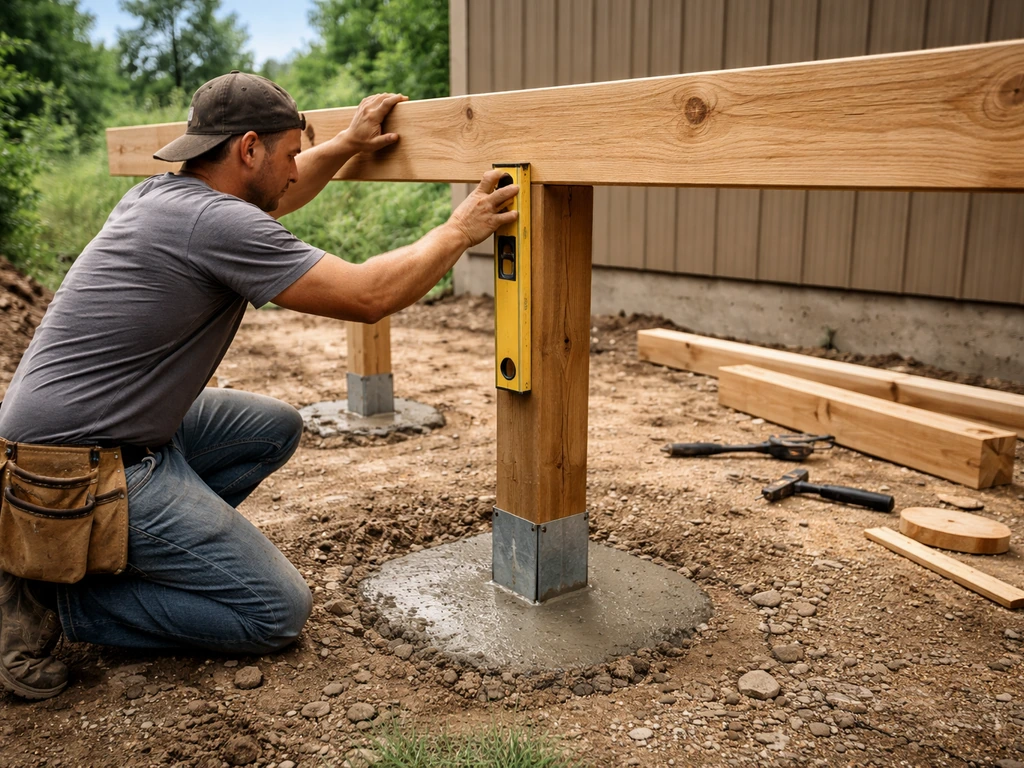 Carpentry crew sets vertical posts into wet concrete bases, then installs beams for a lean-to canopy.
