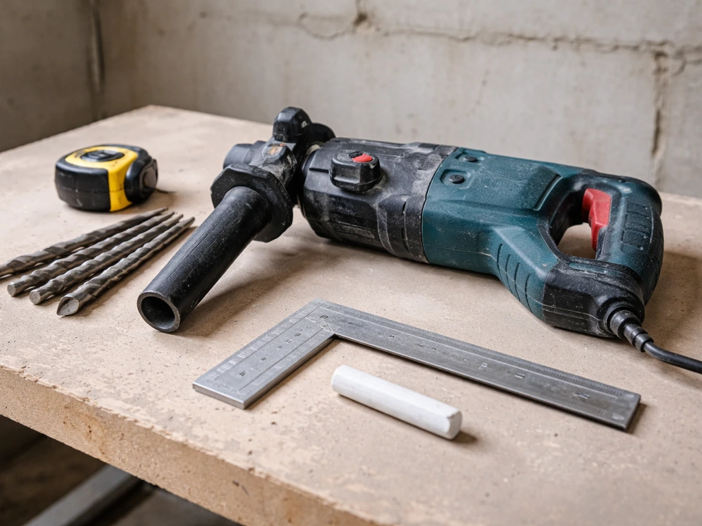 Hammer drill and masonry tools neatly laid out on a workbench beside a tape measure and chalk.