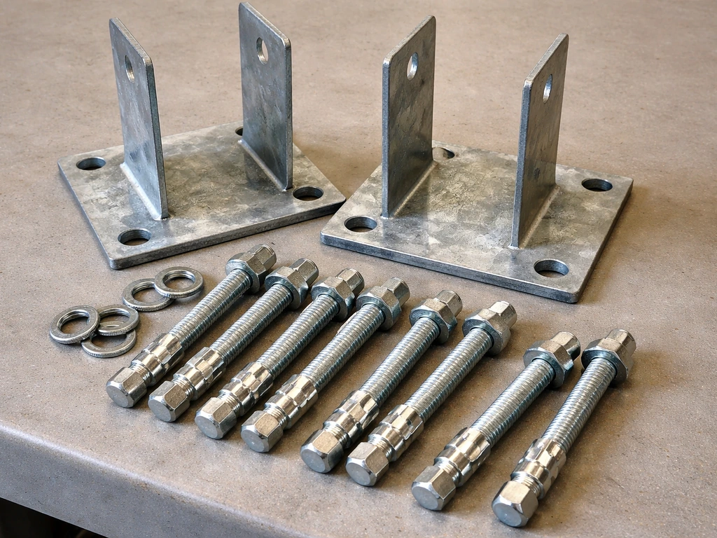Close-up of 4x4 post base brackets and 3/8-inch wedge anchors laid on a workbench for installation.