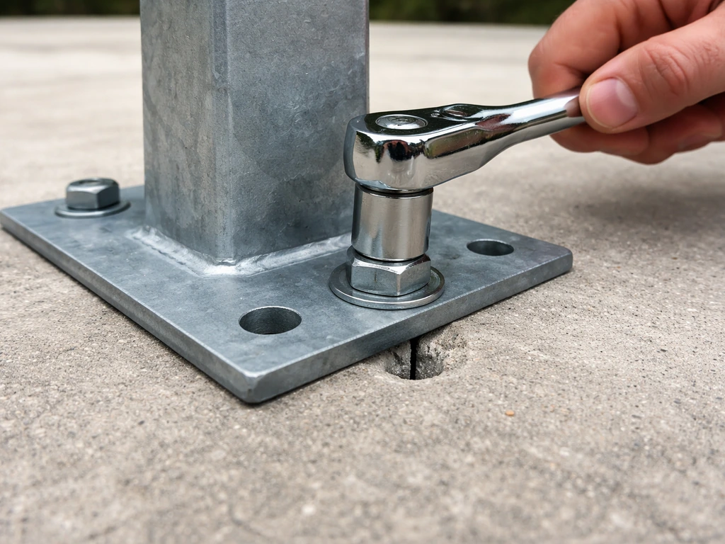 Wedge anchor being tightened onto a post base in a drilled hole of poured concrete patio
