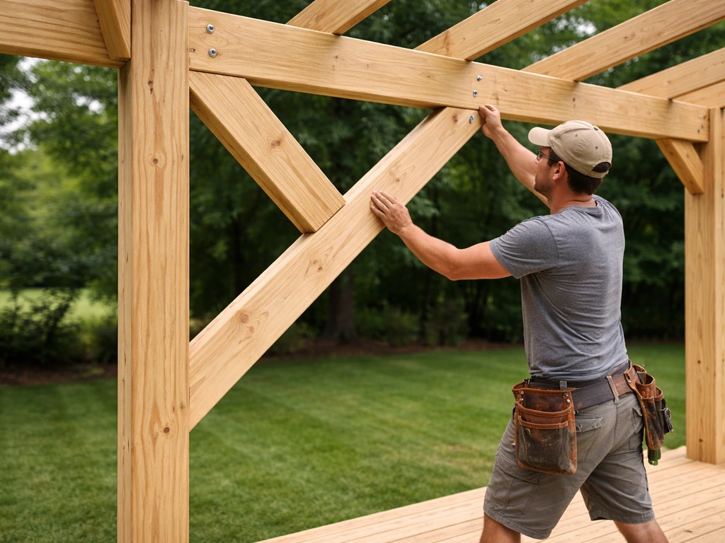 Worker installing a diagonal knee brace on a gazebo frame to prevent wind racking.