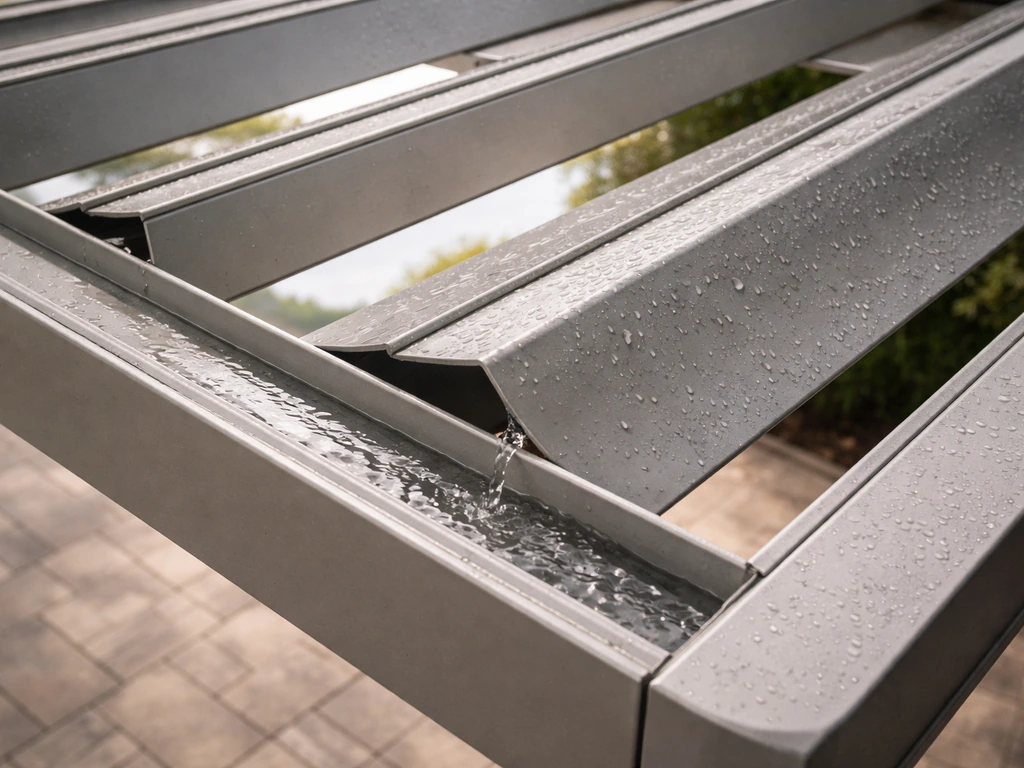 Overhead view of adjustable louvered patio roof louvers pivoting to change light and drain water.