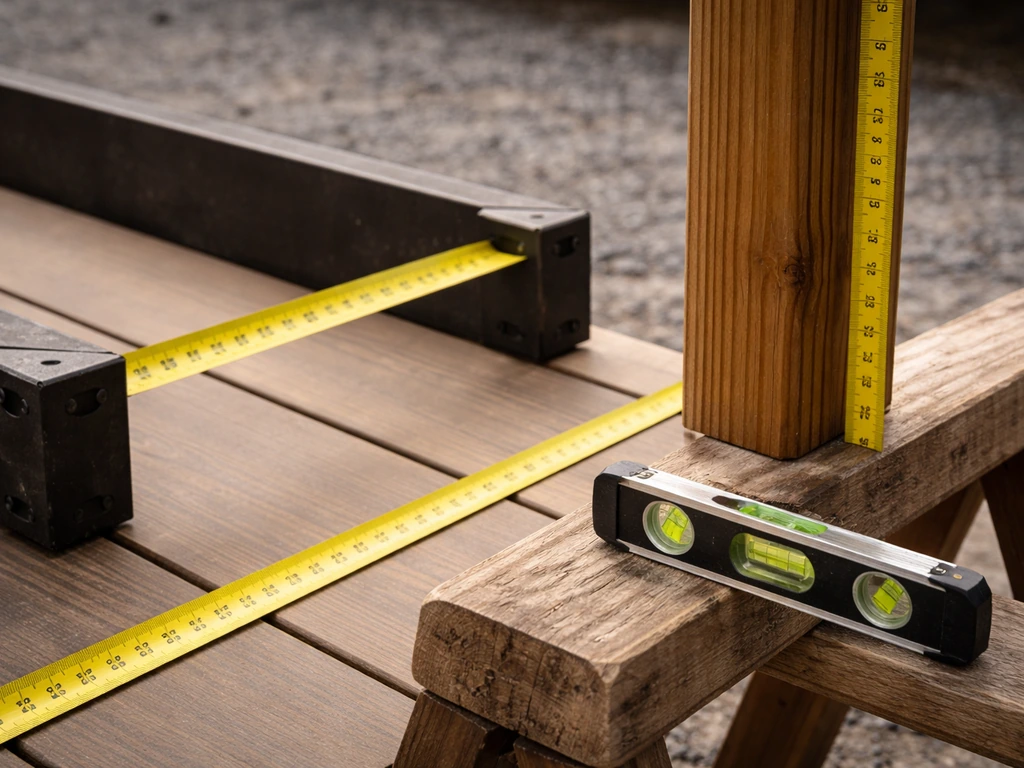 Close-up of a tape measure and level measuring beam span and post height on a deck.
