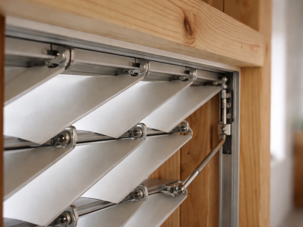 Close-up of installed louver rails with pivot pins and blades, plus an adjustment linkage rod in a simple workshop.