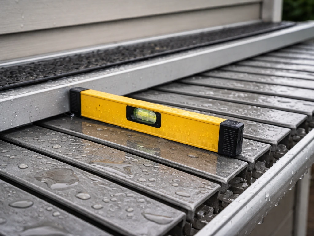 Home exterior water pooling behind closed louvers with a level tool showing an insufficient slope