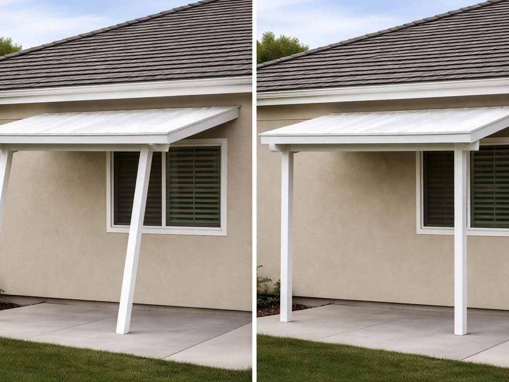 Minimal side-by-side view of two patio cover attachment concepts on a house exterior, showing lean-to vs other geometry.