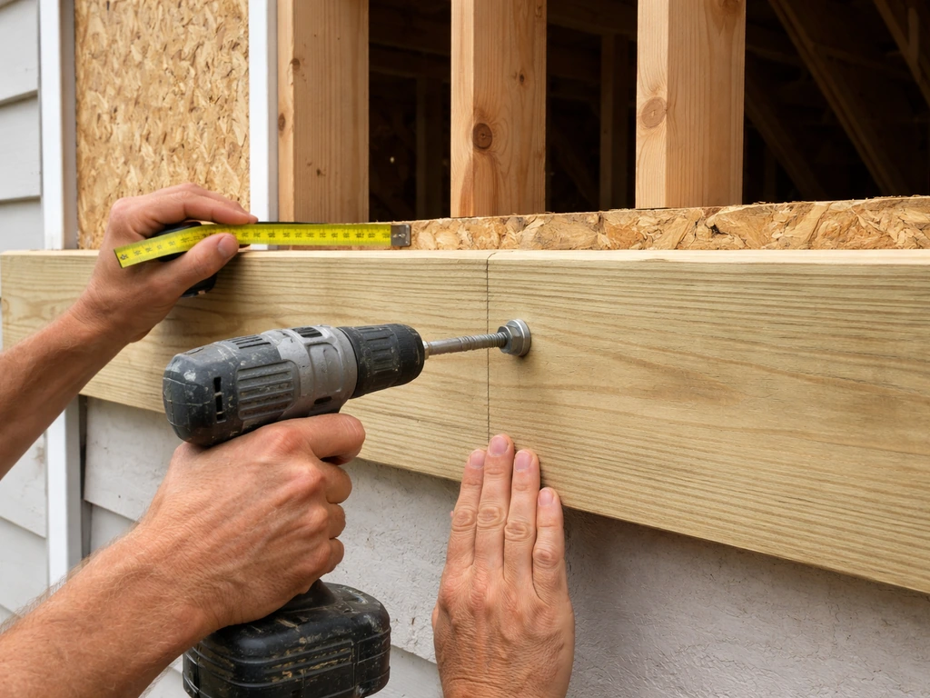 Worker’s hands mark ledger height and drive fasteners into a house roof framing through the ledger.