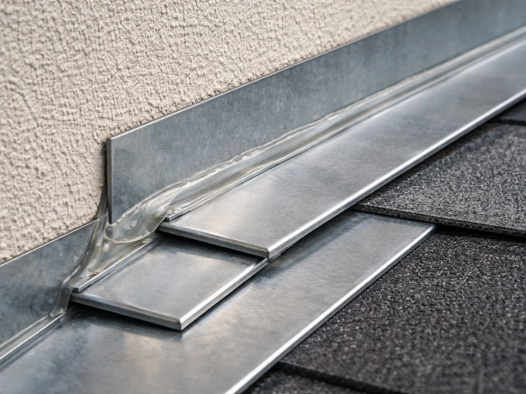 Close-up of overlapping roof flashing and sealant layers at a wall penetration, showing waterproofing detail.