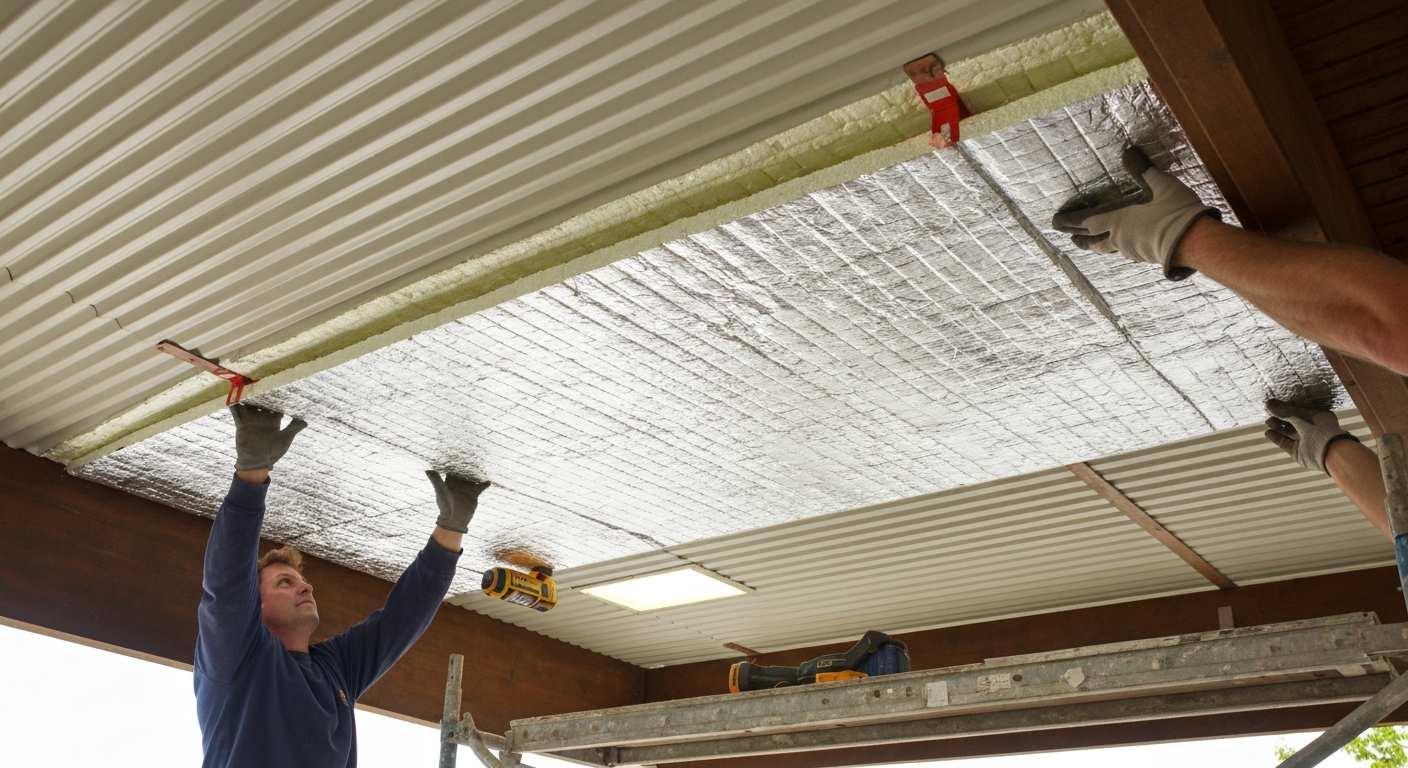 Homeowner installing foil-faced rigid foam insulation under a corrugated metal patio roof