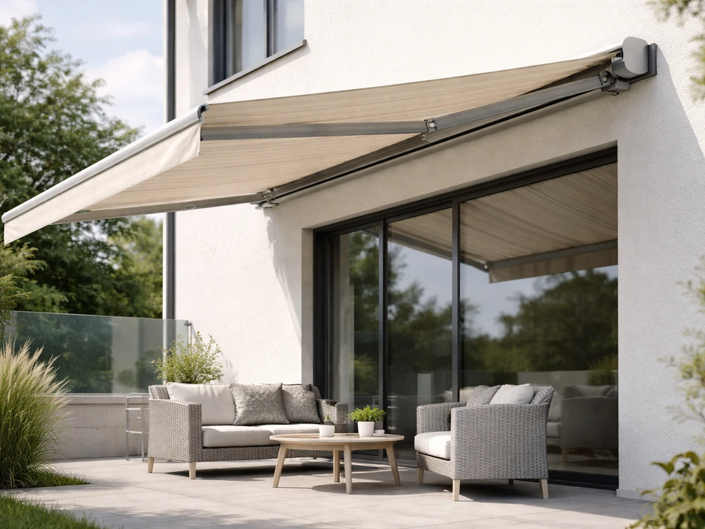 Modern home patio with a retractable fabric awning extended, mounted to the house and casting shade.