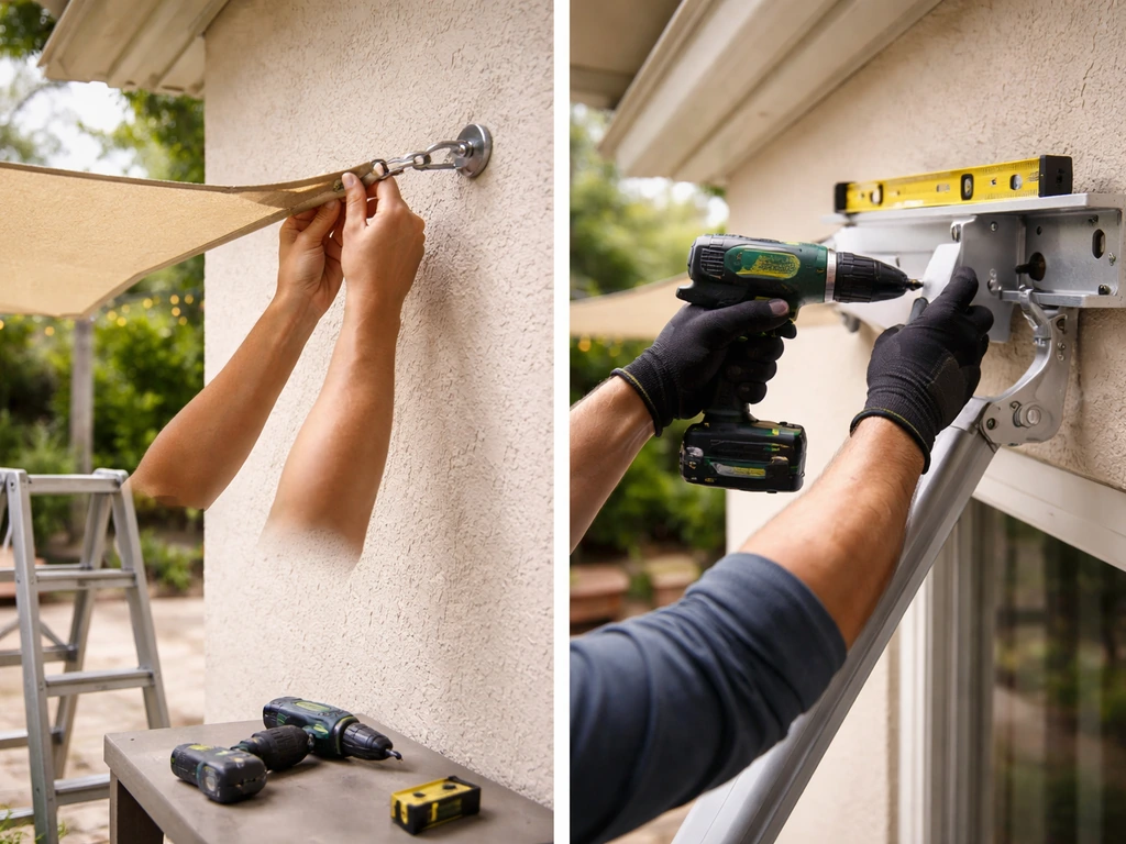 Split photo: DIY hands installing a shade sail on the left and professional awning mounting on the right.