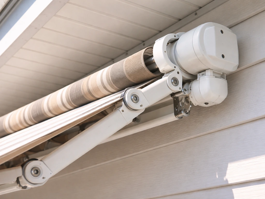 Close-up of a retractable awning arm and crank/motor housing under a house soffit with fabric partially extended.