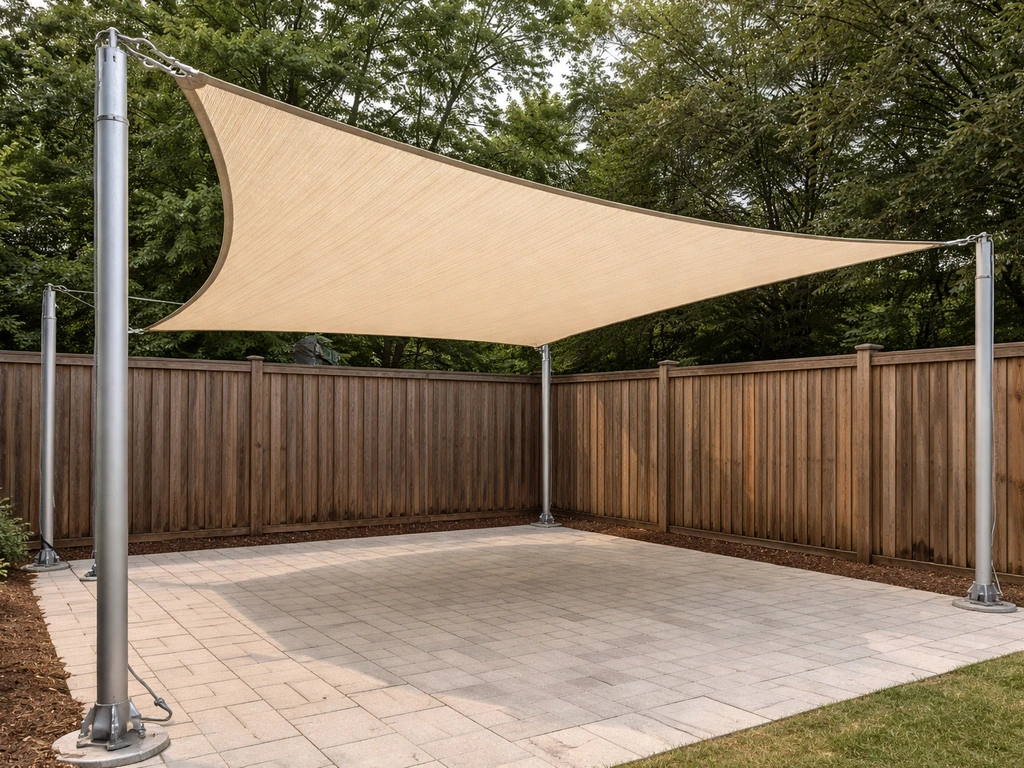 Taut shade sail over a patio with visible tension hardware and anchored posts.