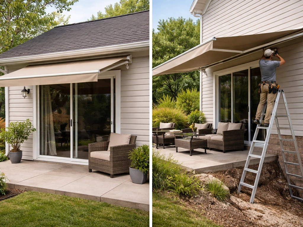 Split patio scene showing a small easy awning vs a larger awning with ladder/scaffold access.