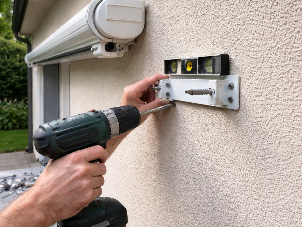 Hands align awning mounting brackets on a house wall with a level while holding a drill.