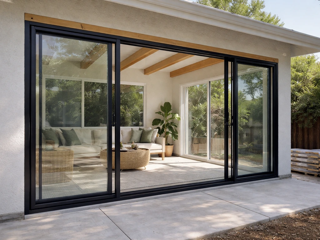 Bright sunroom enclosure with visible glazing and framing over an existing patio floor.