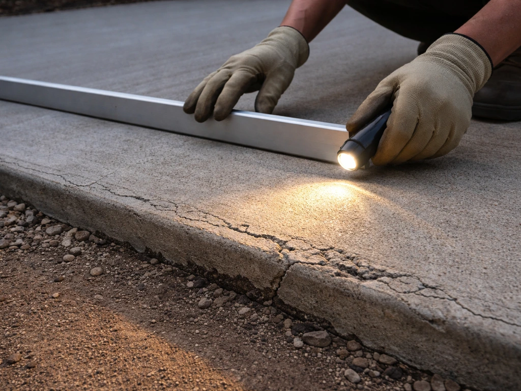 Close-up of gloved hands inspecting a concrete patio slab with a straightedge and flashlight.