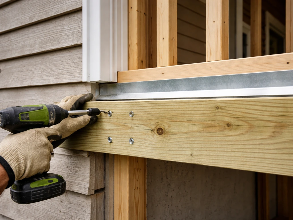 Builder installing sunroom framing with ledger board, flashing, and trim against the house rim joist.