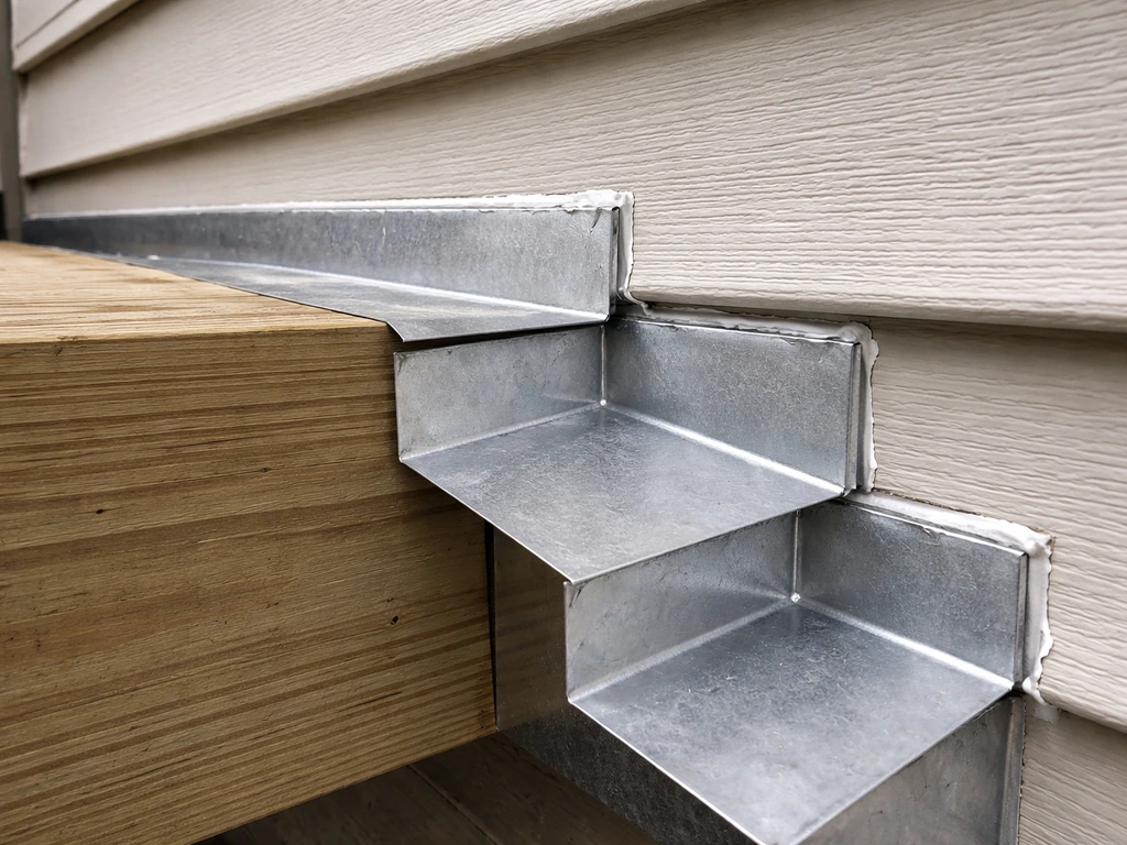 Close-up of step flashing and exterior sealant where a roof ledger meets the house siding.