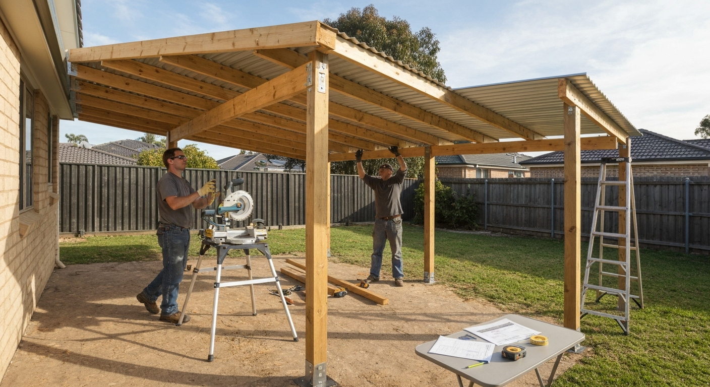 Homeowner and helper installing an attached lean-to patio cover: ledger attached to house, posts and rafters in place, corrugated metal roof panels being fitted.