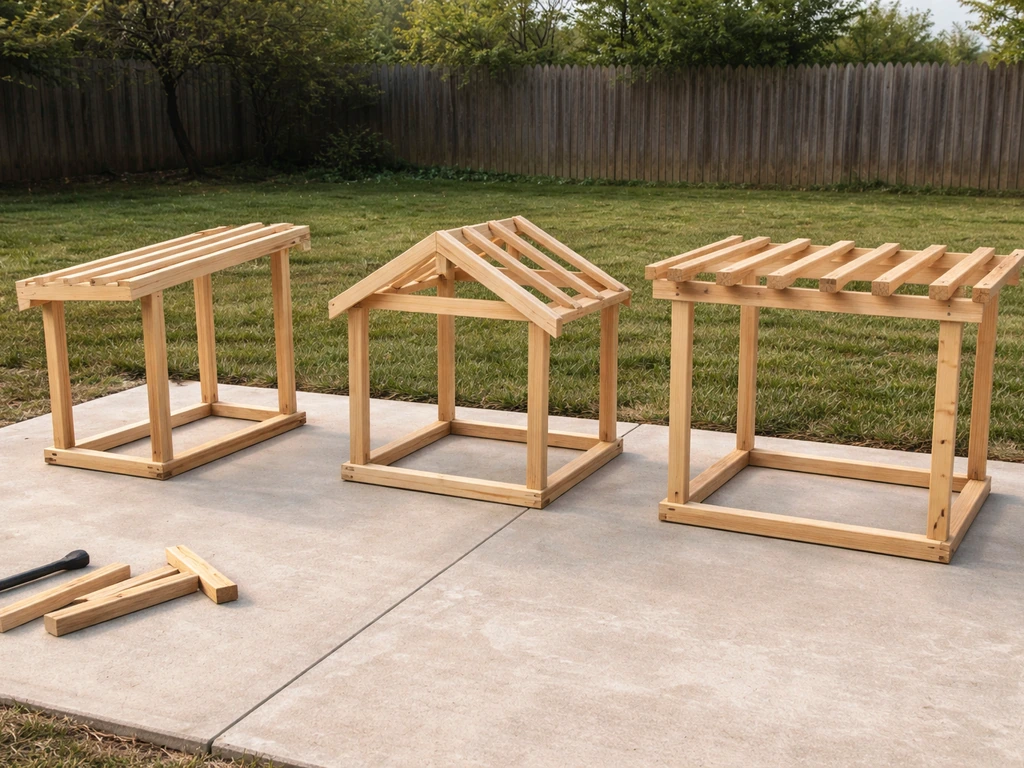Three small wooden patio cover mockups showing lean-to, gable, and pergola styles side by side.