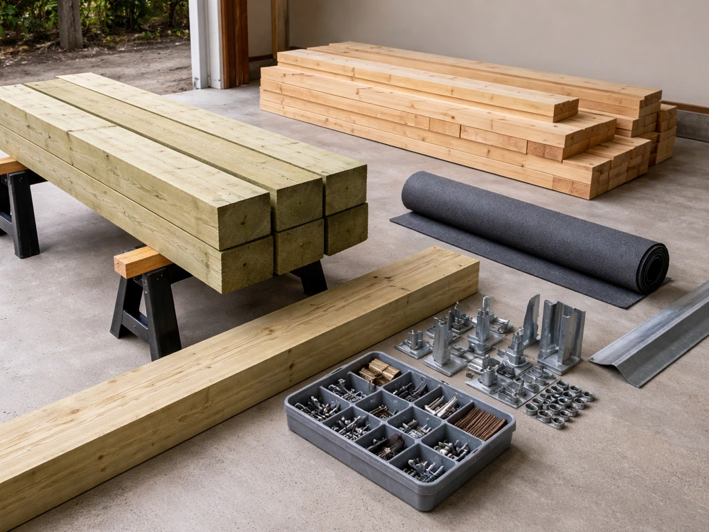 Arranged patio cover materials—posts, ledger boards, rafters, brackets, underlayment, sheathing, and flashing.