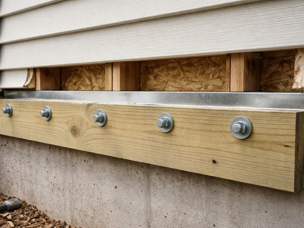 Close-up of a ledger board bolted to a house rim joist area with flashing at the wall connection
