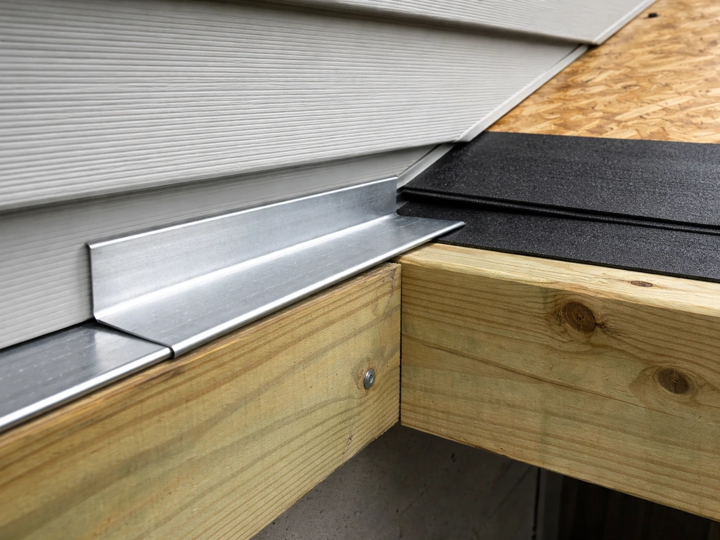 Close-up of Z-flashing behind siding at a ledger line with roof deck and underlayment starting over rafters.