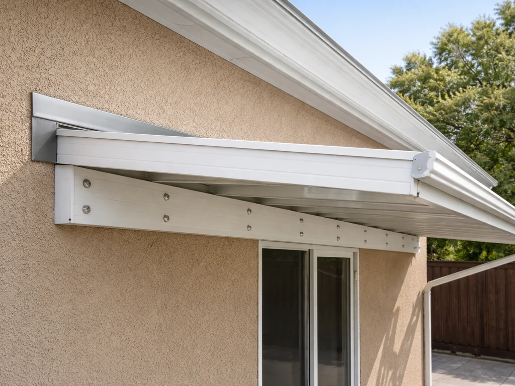 Newly installed attached patio cover shows flashing at the house ledger and sloped roof draining outward