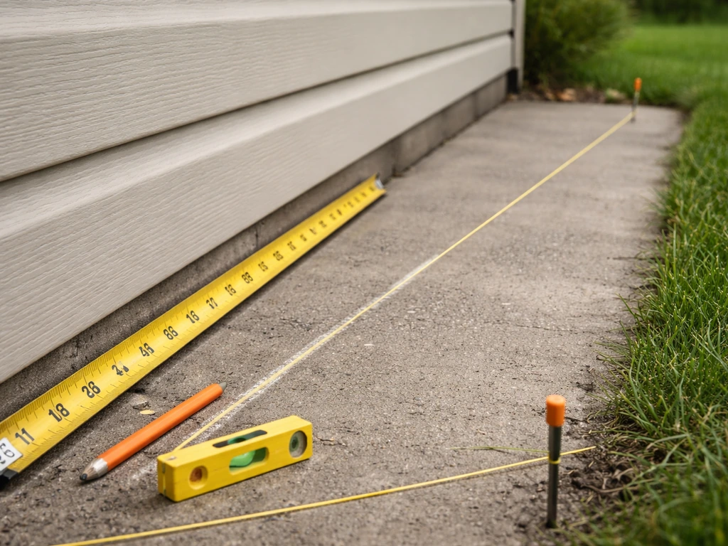 Tape measure stretched along a house wall with a diagonal slope line for drainage planning.