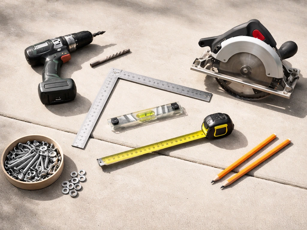 Flat-lay of DIY patio-cover tools: drill, level, framing square, tape measure, circular saw, and fasteners
