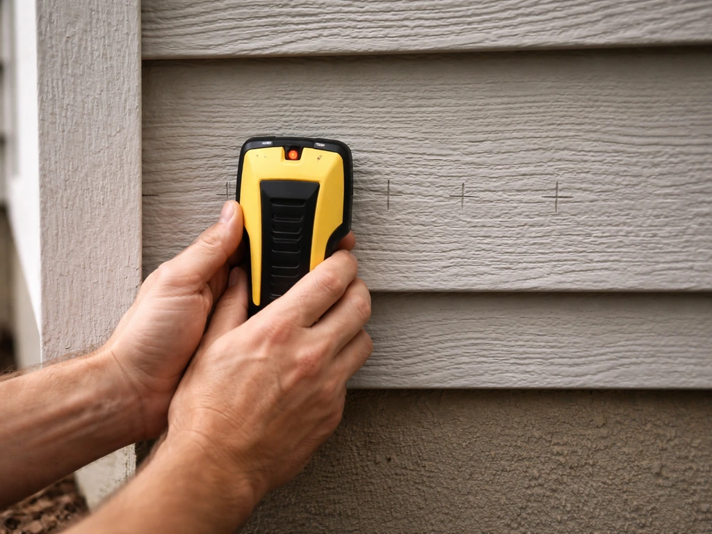 Stud finder held against house siding to find wall studs for ledger attachment points.