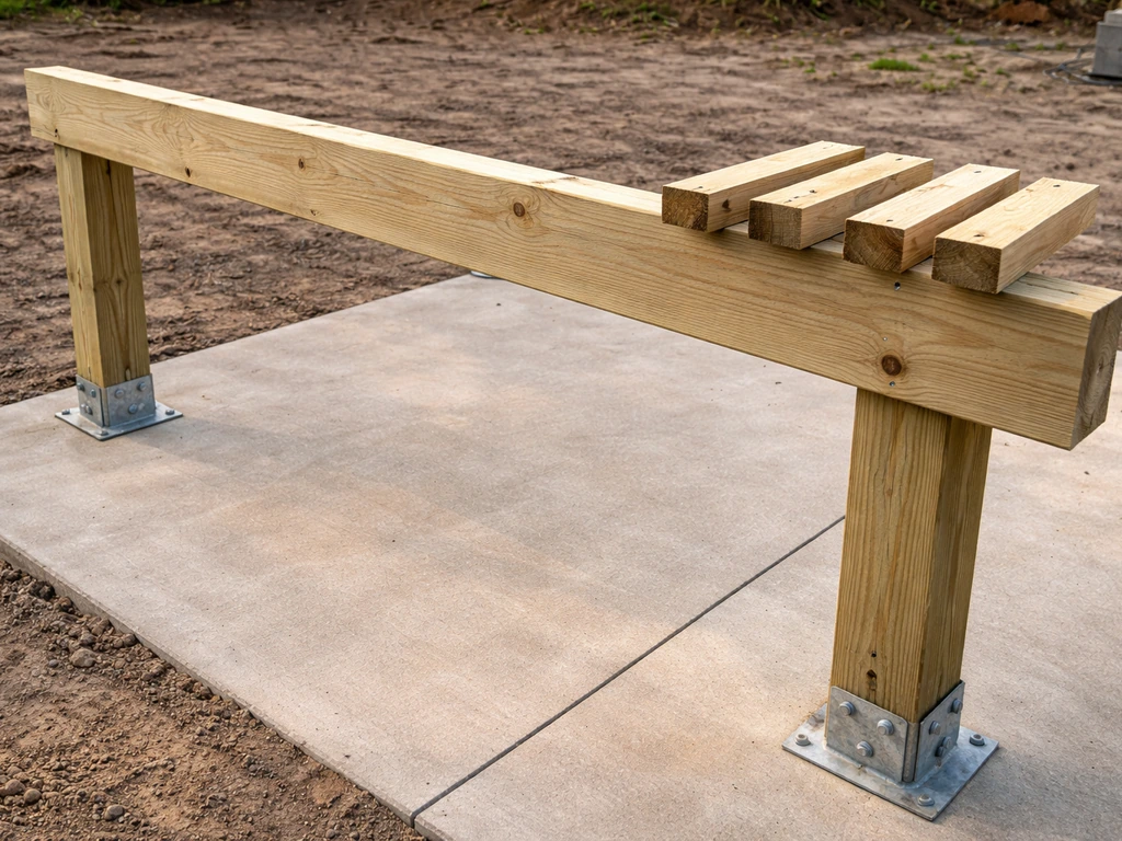 Wooden posts with metal bases and an outer beam installed on a concrete slab, rafter ends aligned for framing.