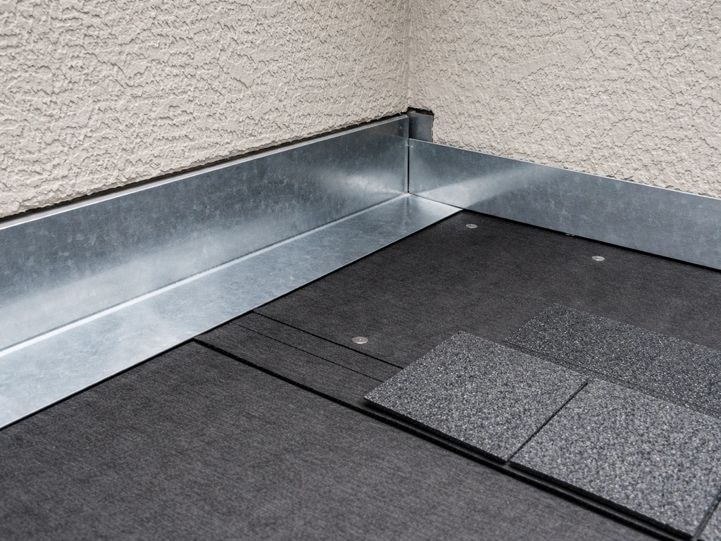 Close-up of roof ledger flashing where step/Z-flashing slips behind siding and meets prepared roofing panels.