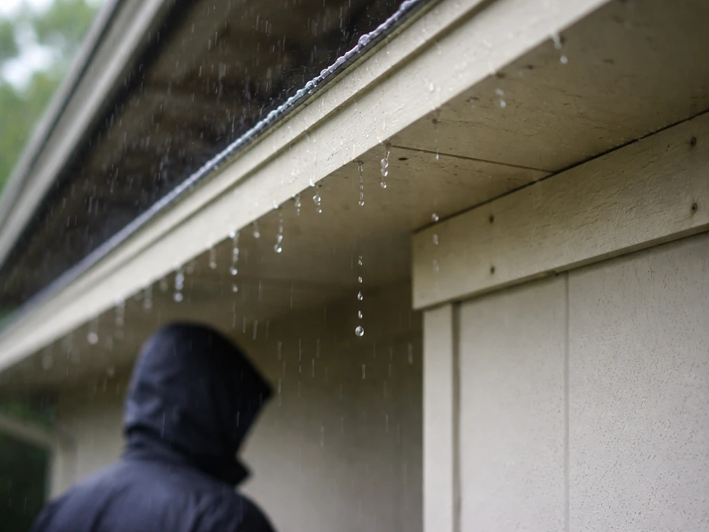 Under roof cover after rain, water runoff follows outer edge; close inspection of ledger/wall junction
