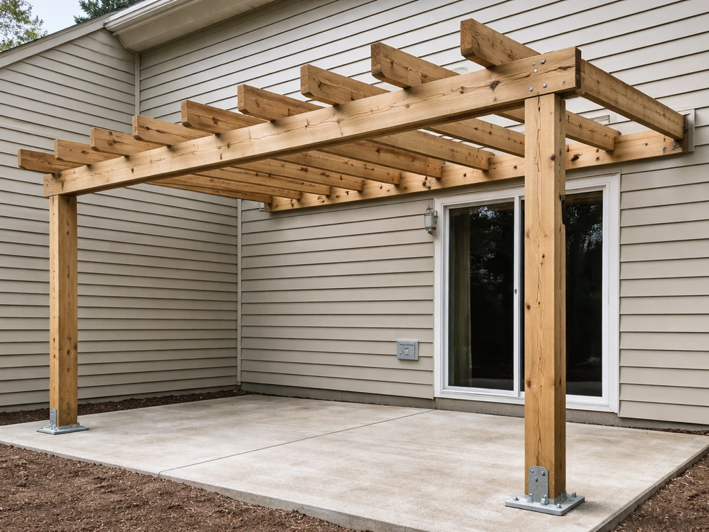 DIY patio cover framing with ledger, posts, beams, and sloped rafters—no decking installed.