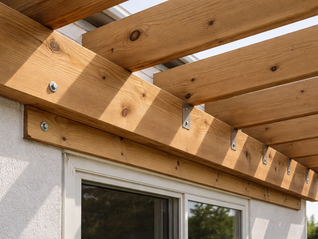 Close-up of patio cover framing structure showing ledger, beams, and rafters under a simple porch roof.