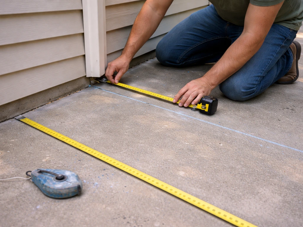 Person measures a patio corner with a tape measure and chalk line planning the footprint and overhang.