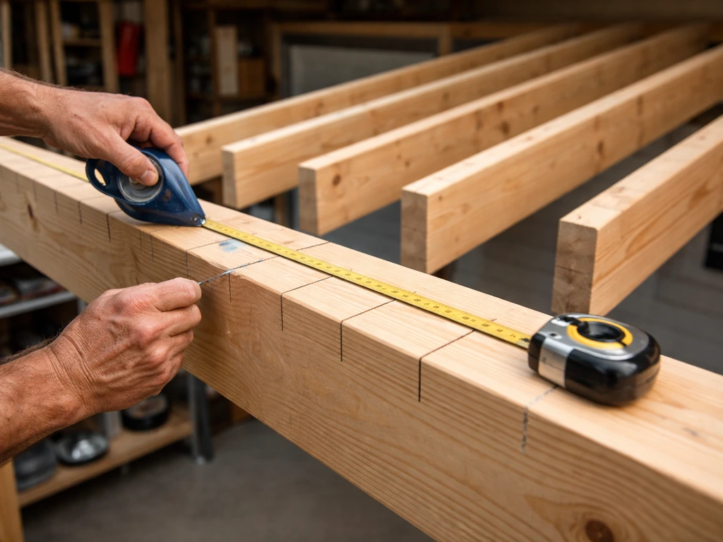 Close-up of hands using a chalk line and tape measure to mark evenly spaced rafter positions on a beam.
