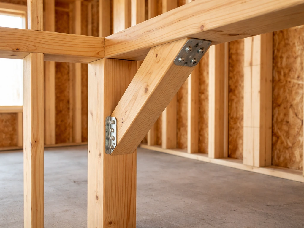 Wood framing knee braces installed at an angle to prevent a structure from racking sideways.