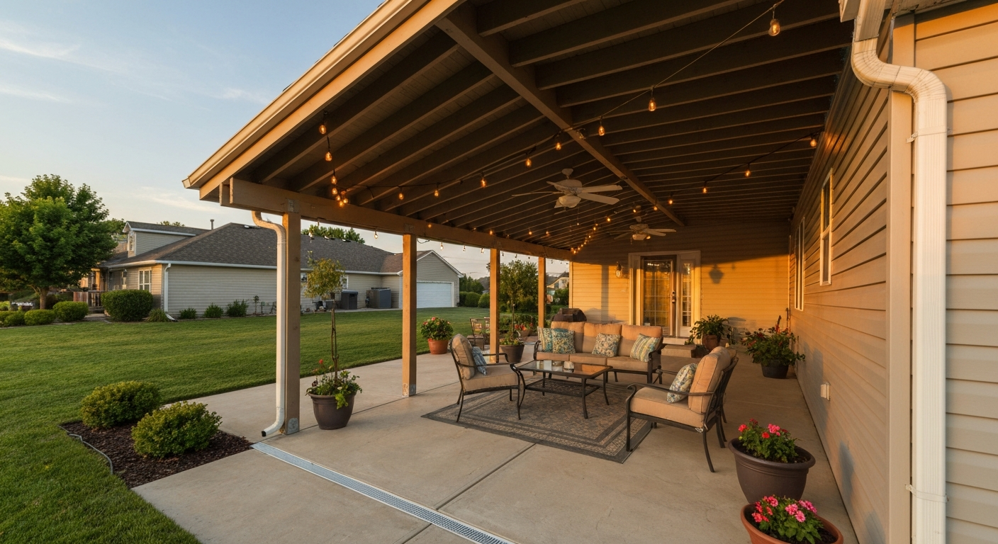 Converted carport patio with pergola rafters, string lights, ceiling fan, seating, and flashed ledger at the house wall