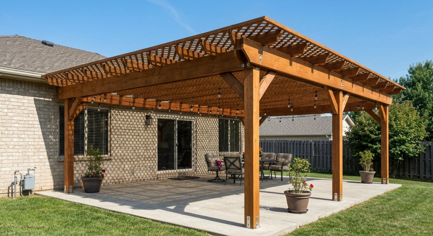 Photorealistic photo of a 12x16 attached wood lattice patio cover (lean-to) with diagonal lattice top, posts, beam, and outdoor seating, attached to a house via a ledger.