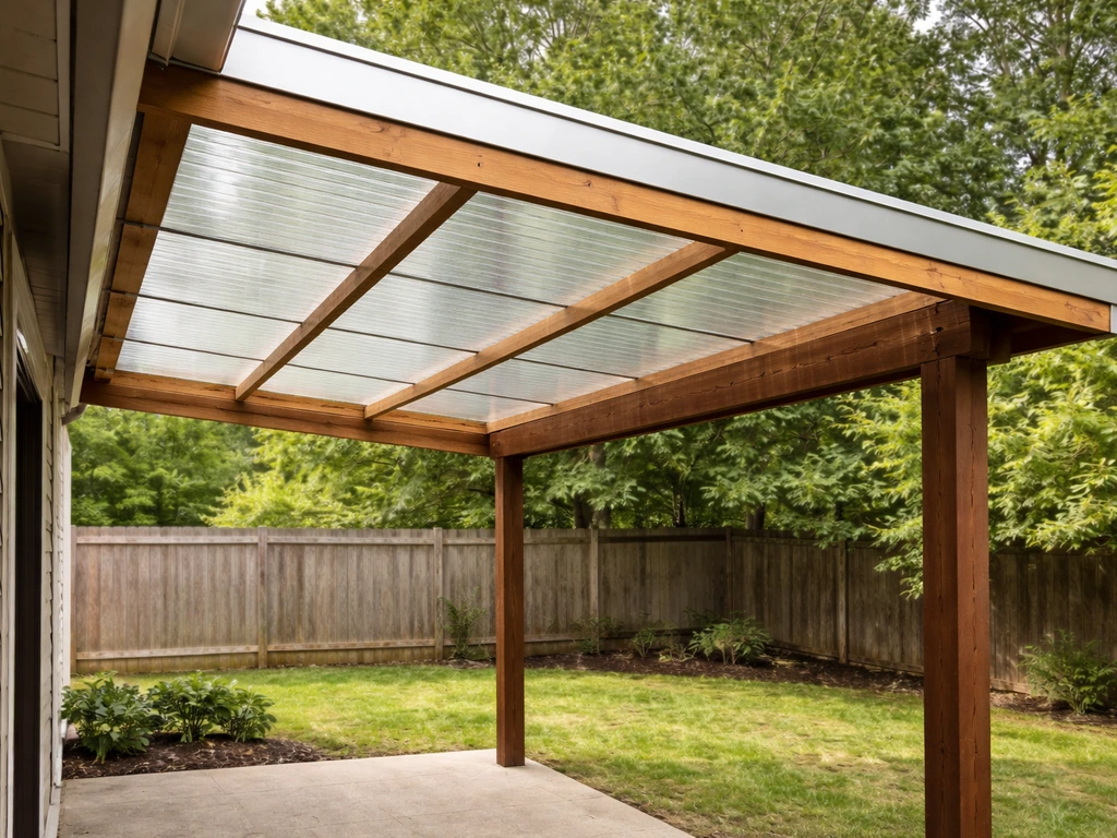 Finished DIY lean-to polycarbonate patio roof with flashing, support posts, and clear twin-wall panels.